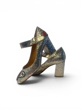RARE Love Moschino Silver Glitter Mary Janes Heel with Embroidered Accent 8